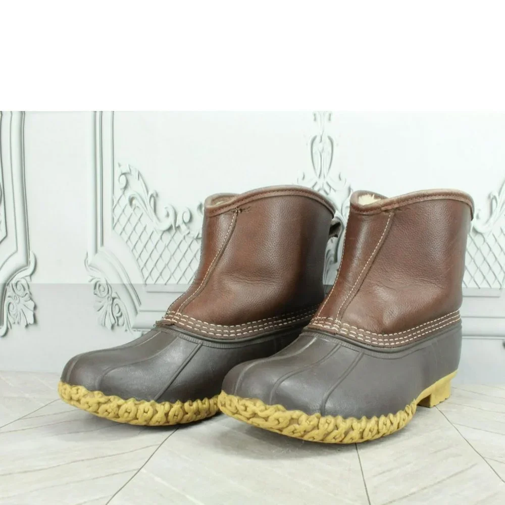 LL Bean Brown Leather Slip On Shearling Lined Ankle Duck Boots Size 8 Wide - Picture 2 of 8